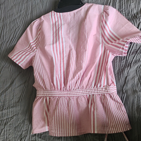 Madewell Cotton Read and White Strip Short Sleeve Wrap top Side Tie Size S - Picture 2 of 11